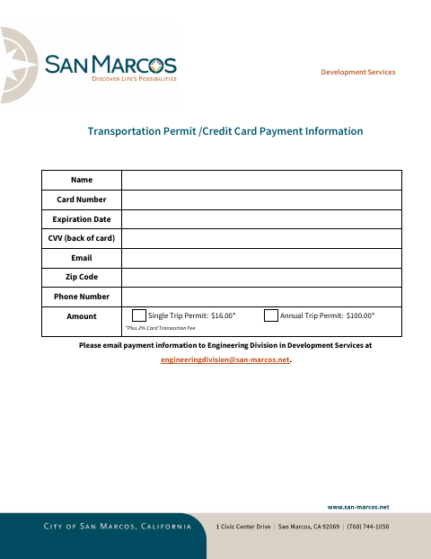 First page of the Transportation Permit/Credit Card Payment Information