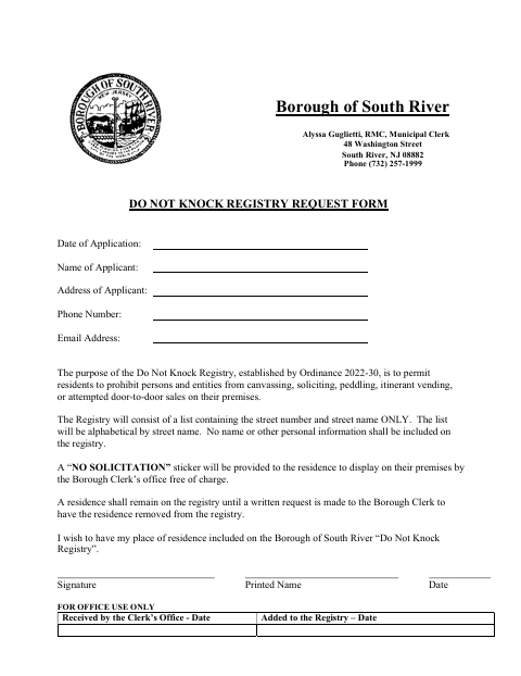 First page of the Do Not Knock Registry Request Form
