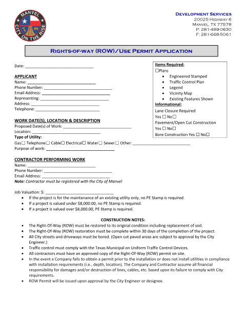 First page of the Rights-of-Way Permit Application