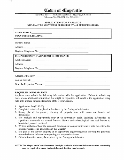 First page of the Variance Application
