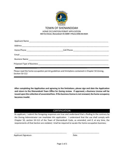 First page of the Home Occupation Permit Application