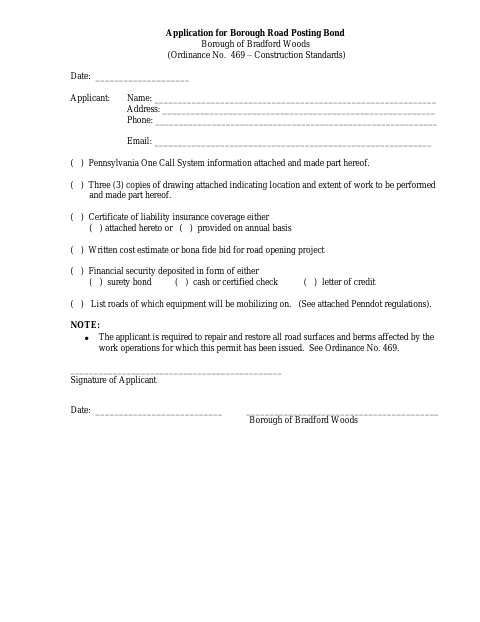 First page of the Application for Borough Road Posting Bond