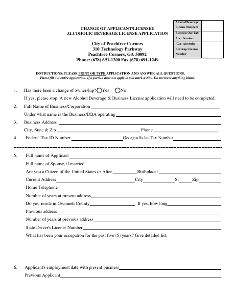 First page of the Change of Applicant/Licensee Alcoholic Beverage License Application