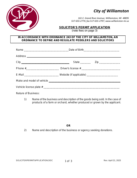First page of the Solicitor's Permit Application