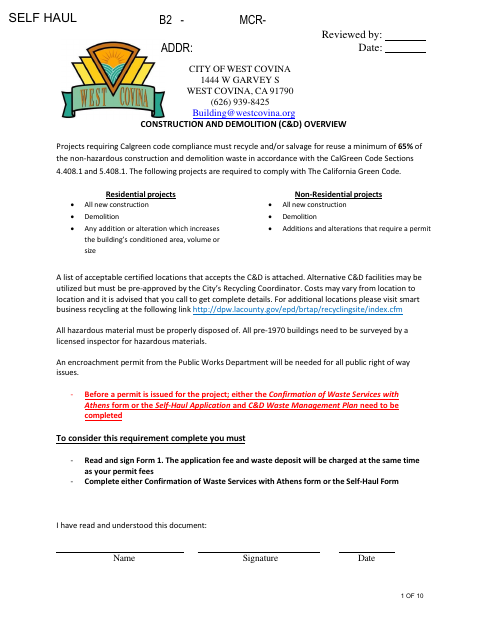 First page of the Construction and Demolition Self-Haul Application