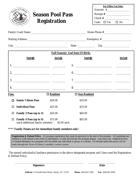 First page of the Season Pool Pass Registration