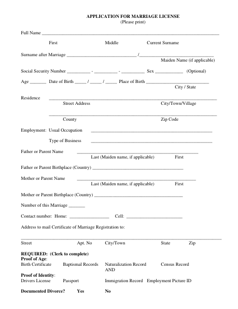 First page of the Application for Marriage License