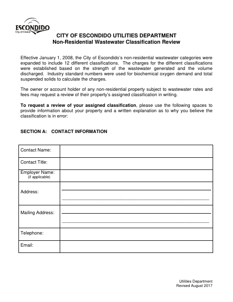 First page of the Non-Residential Wastewater Classification Review