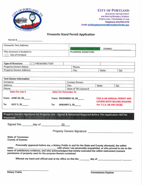 First page of the Fireworks Stand Permit Application