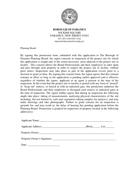 First page of the Planning Board Property Owner’s Permission for Inspection