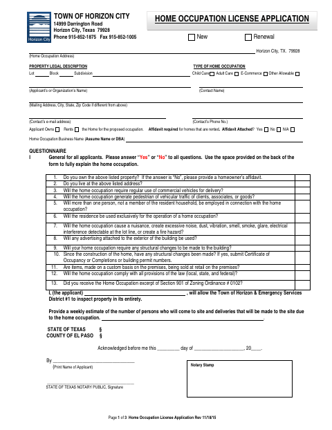 First page of the Home Occupation License Application