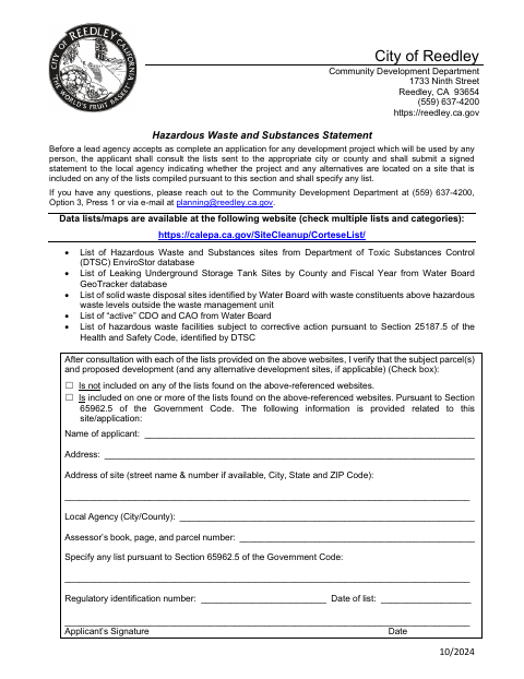 First page of the Hazardous Waste and Substances Statement