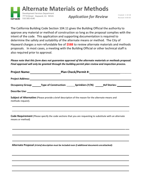First page of the Alternate Materials or Methods Application for Review