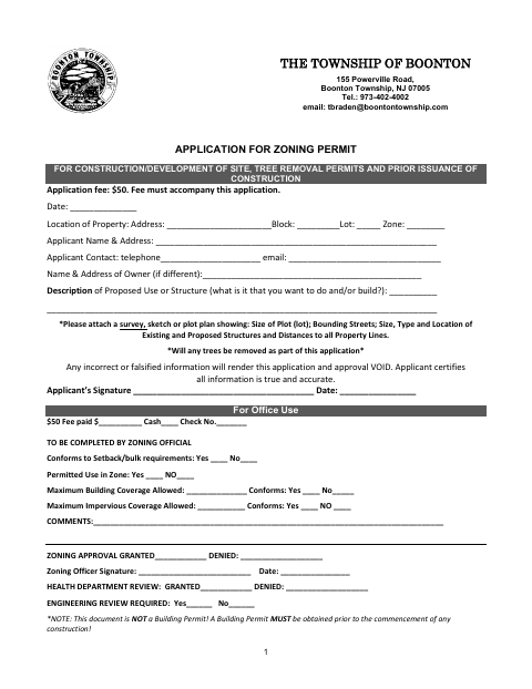 First page of the Application for Zoning Permit for Construction, Site Development, and Tree Removal