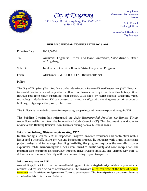 First page of the Remote Virtual Inspection Program Participation Agreement