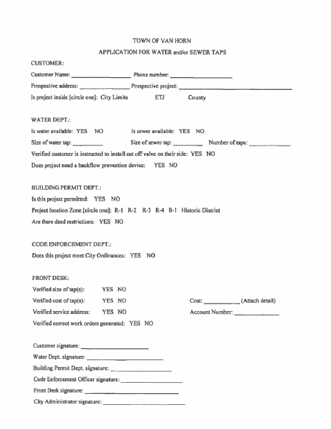 First page of the Water and/or Sewer Tap Application