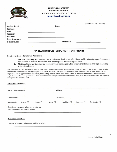 First page of the Temporary Tent Permit Application