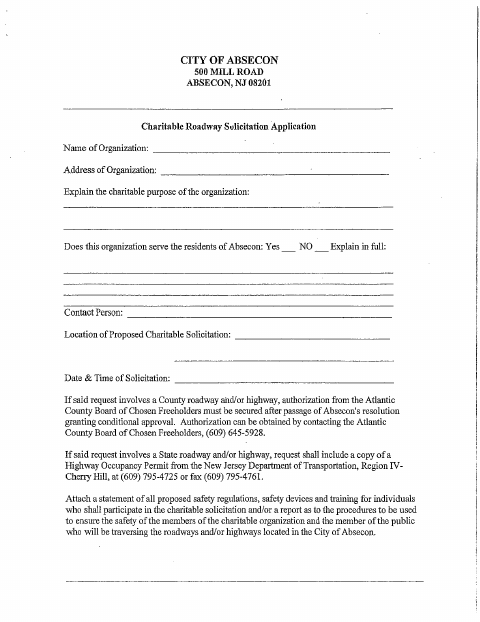 First page of the Charitable Roadway Solicitation Application