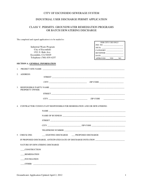 First page of the Industrial User Discharge Permit Application for Groundwater