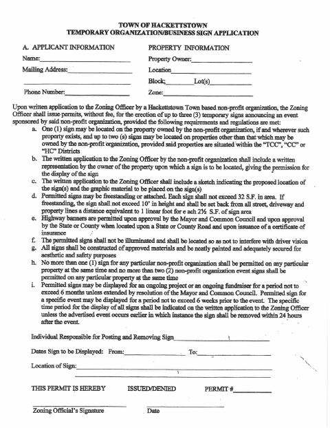 First page of the Temporary Organization / Business Sign Application