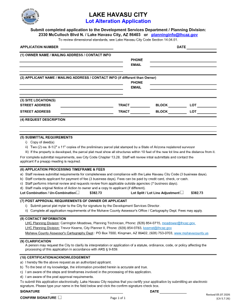 First page of the Lot Alteration Application