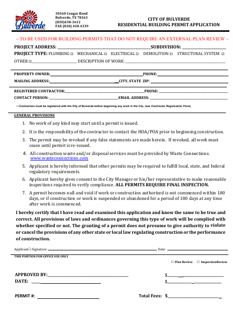 First page of the Residential Building Permit Application