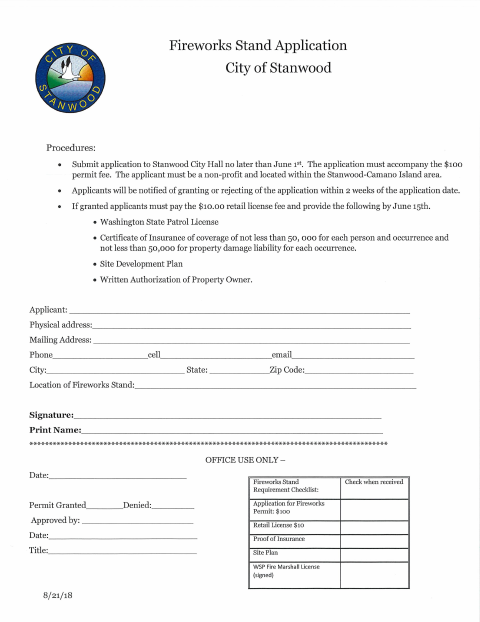 First page of the Fireworks Stand Application