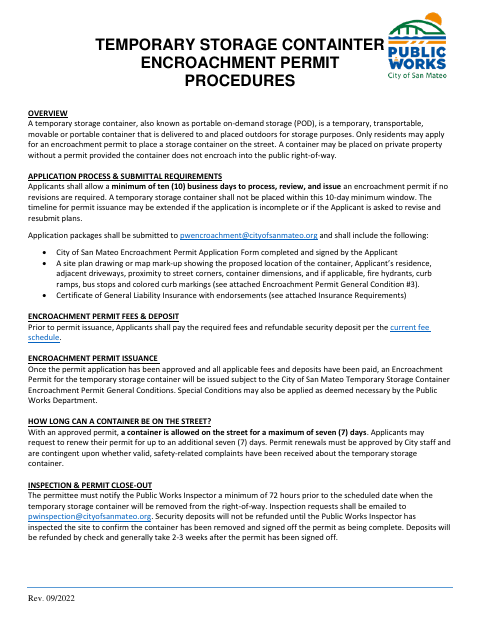 First page of the Temporary Storage Container Encroachment Permit Application