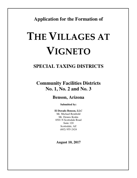 First page of the Villages at Vigneto Community Facilities District Formation Application