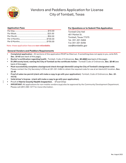 First page of the Vendors and Peddlers Application for License