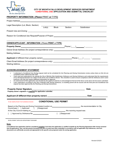 First page of the Conditional Use Application and Submittal Checklist