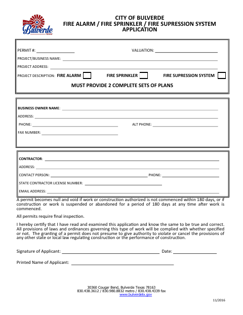 First page of the Fire Alarm / Fire Sprinkler Application