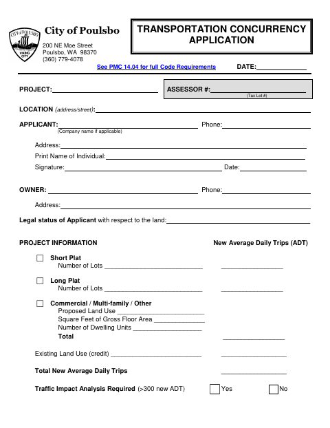 First page of the Transportation Concurrency Application