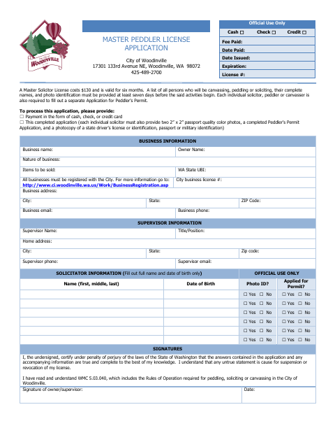 First page of the Master Peddler License Application