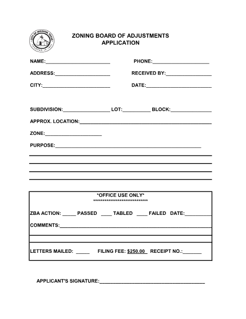 First page of the Zoning Board of Adjustments Application