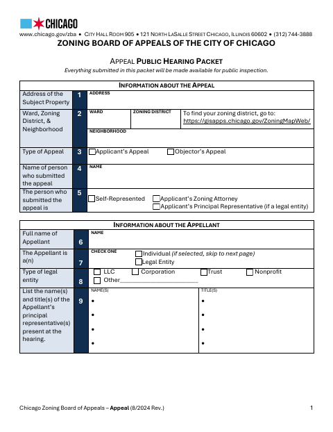 First page of the Zoning Board of Appeals Appeal Public Hearing Packet