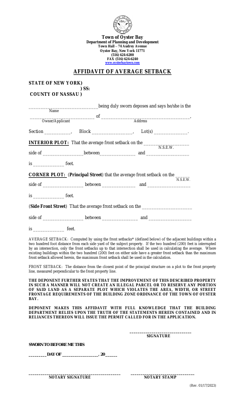 First page of the Affidavit of Average Setback
