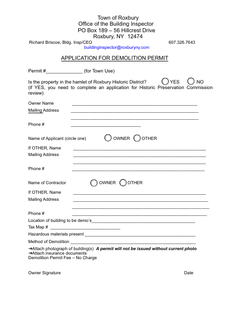 First page of the Application for Demolition Permit
