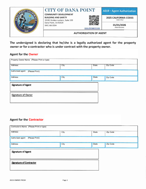 First page of the Authorization of Agent (Owner/Contractor)
