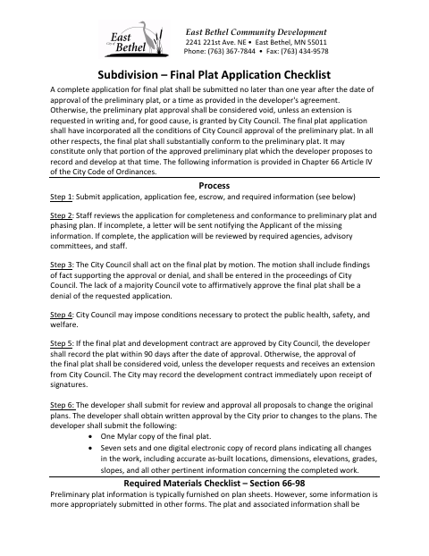 First page of the Subdivision Final Plat Application