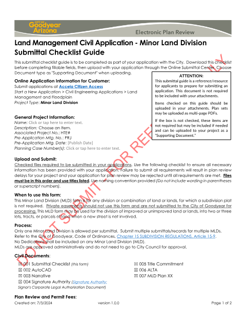 First page of the Minor Land Division Submittal Checklist