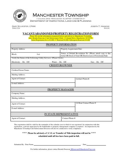 First page of the Vacant/Abandoned Property Registration Form