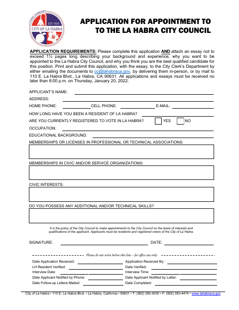 First page of the Application for Appointment to the La Habra City Council
