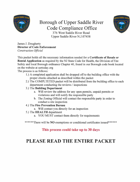 First page of the Certificate of Resale/Rental Application