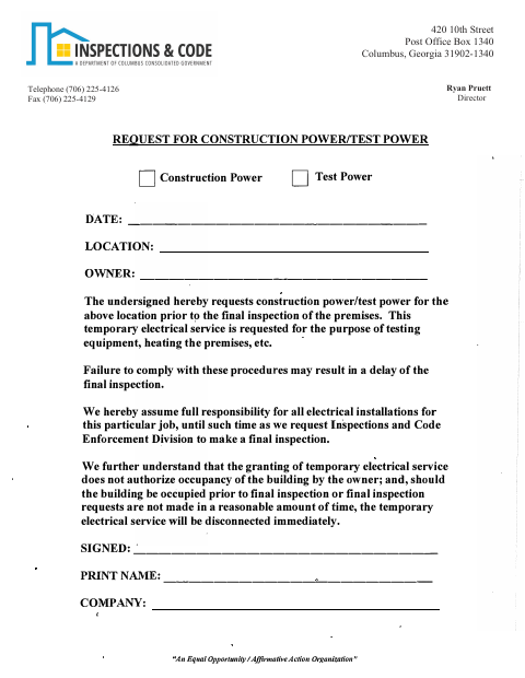First page of the Request for Construction Power/Test Power
