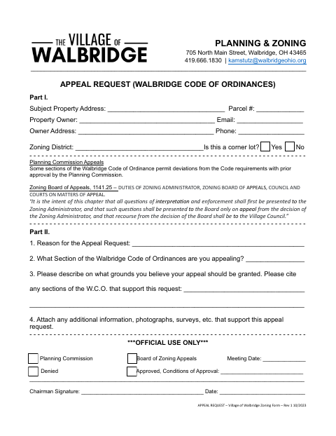 First page of the Zoning Appeal Request