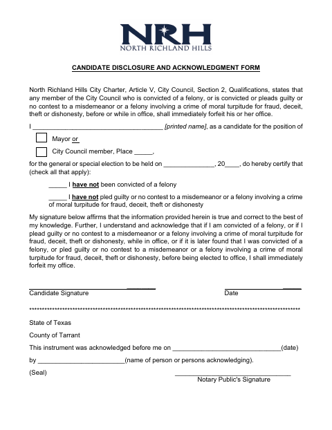 First page of the Candidate Disclosure and Acknowledgment Form