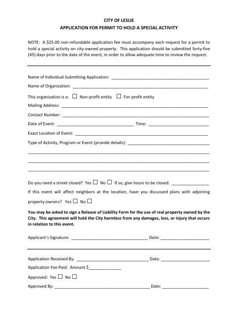 First page of the Application for Permit to Hold a Special Activity