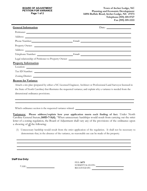 First page of the Board of Adjustment Petition for Variance