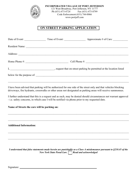 First page of the On-Street Parking Application